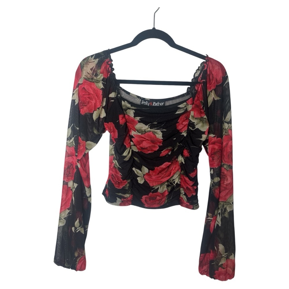 Polly & Esther Red and Black Ruched Long Sleeve Blouse